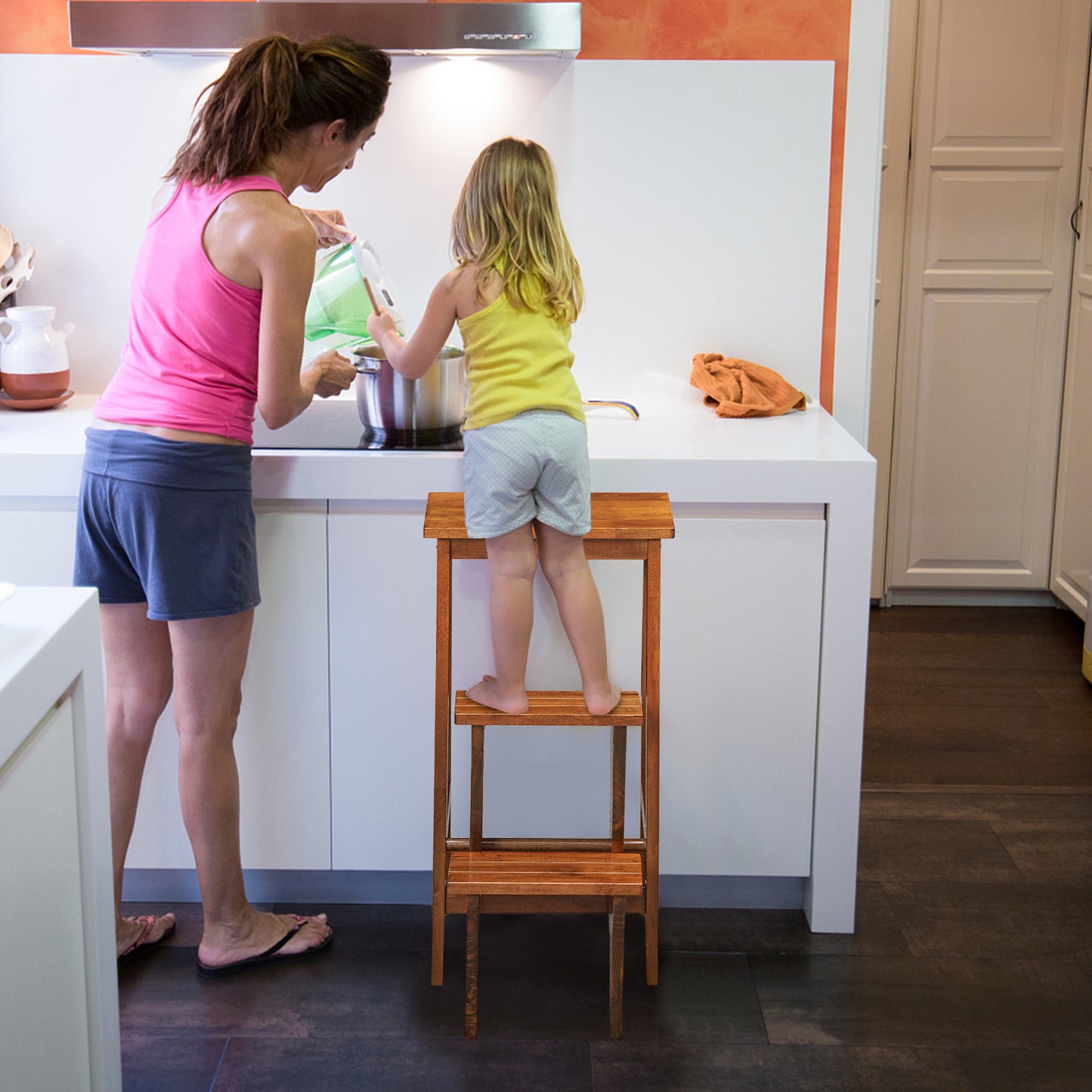 3-in-1 Rubber Wood 3 Tier Folding Step Stool Ladder Storage Shelf-Brown Kids Crystal