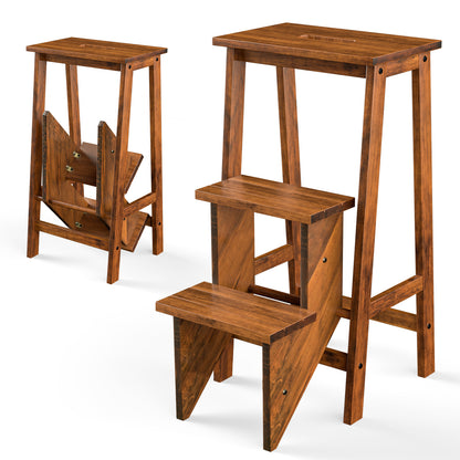 3-in-1 Rubber Wood 3 Tier Folding Step Stool Ladder Storage Shelf-Brown