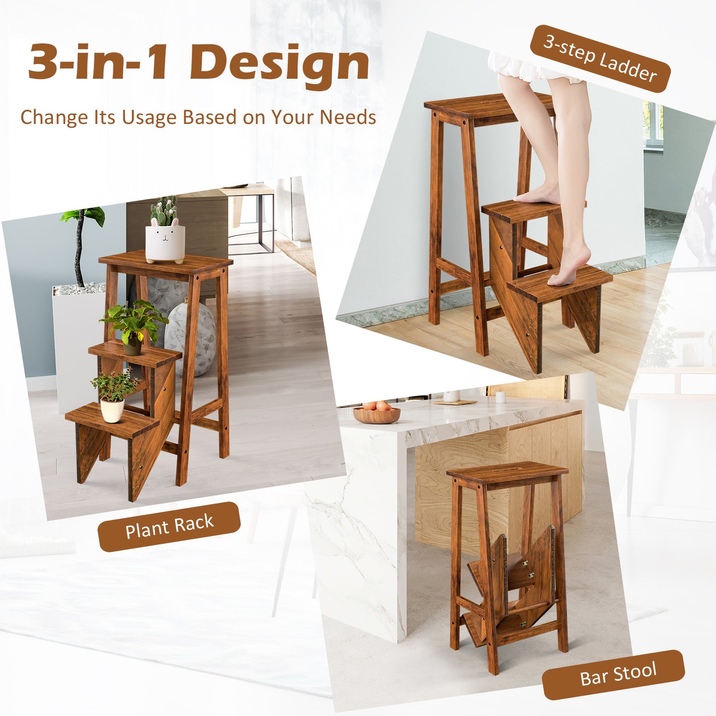 3-in-1 Rubber Wood 3 Tier Folding Step Stool Ladder Storage Shelf-Brown Kids Crystal