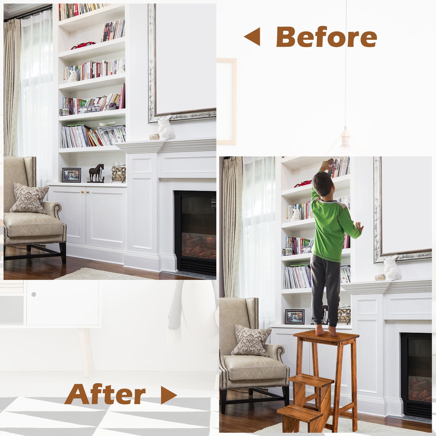 3-in-1 Rubber Wood 3 Tier Folding Step Stool Ladder Storage Shelf-Brown Kids Crystal