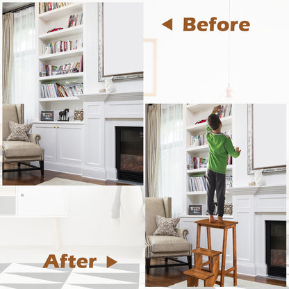 3-in-1 Rubber Wood 3 Tier Folding Step Stool Ladder Storage Shelf-Brown