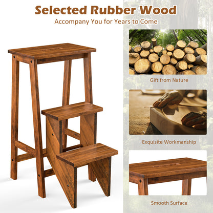 3-in-1 Rubber Wood 3 Tier Folding Step Stool Ladder Storage Shelf-Brown