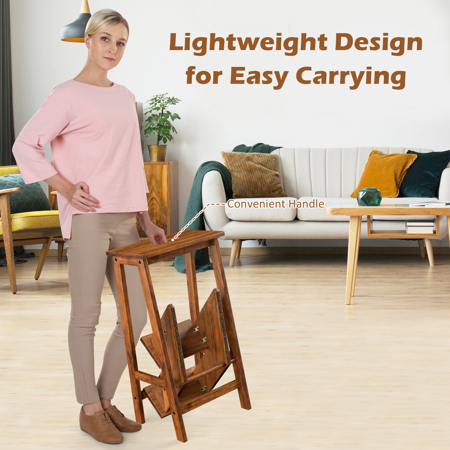 3-in-1 Rubber Wood 3 Tier Folding Step Stool Ladder Storage Shelf-Brown Kids Crystal