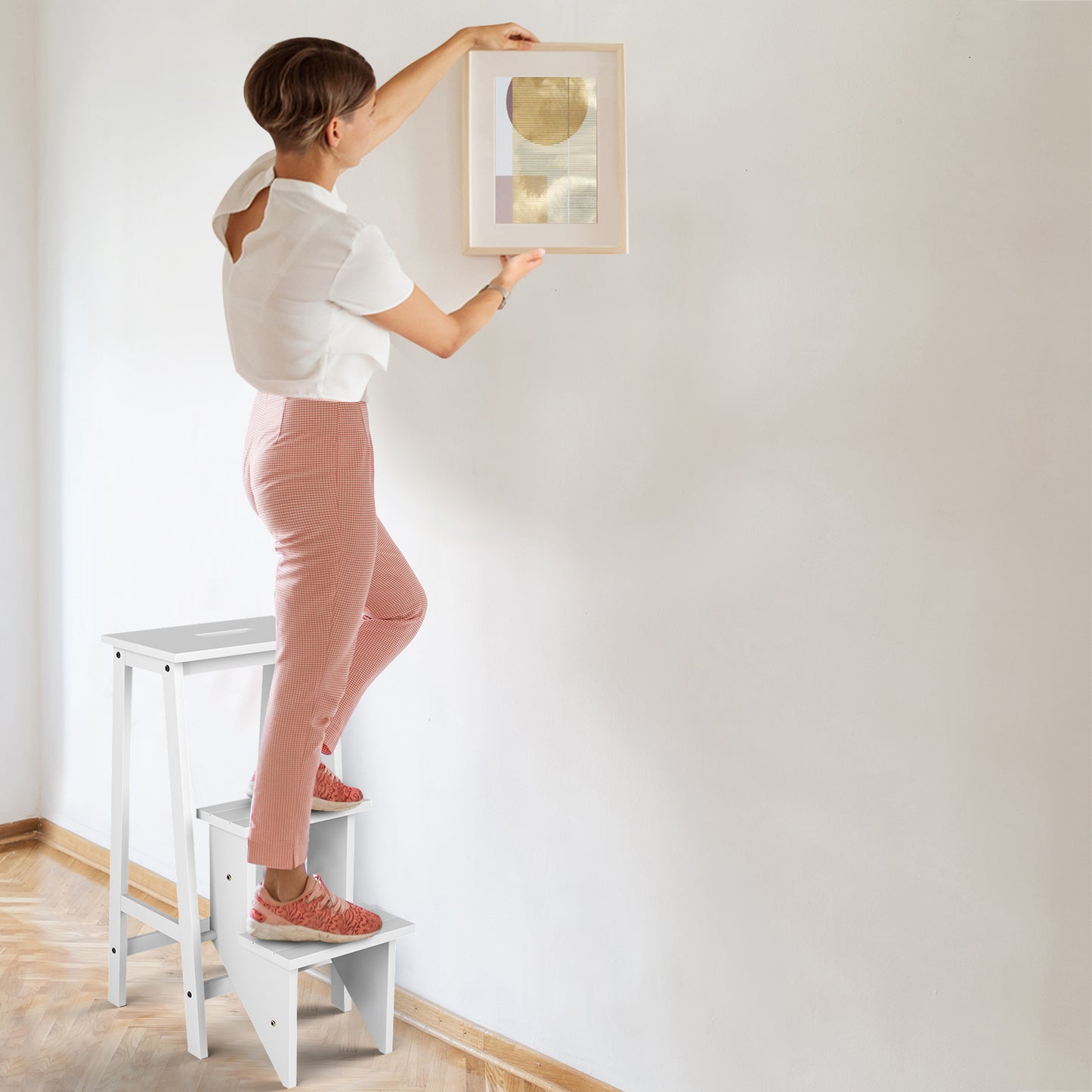 3-Tier Step Stool 3 in 1 Folding Ladder Bench-White Kids Crystal