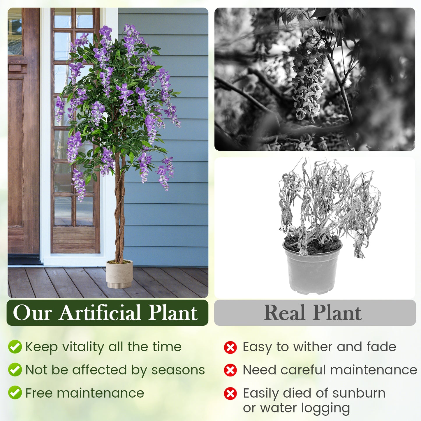 5.5 FT Faux Wisteria Plant in Nursery Pot with Blooming Flowers-Purple Kids Crystal