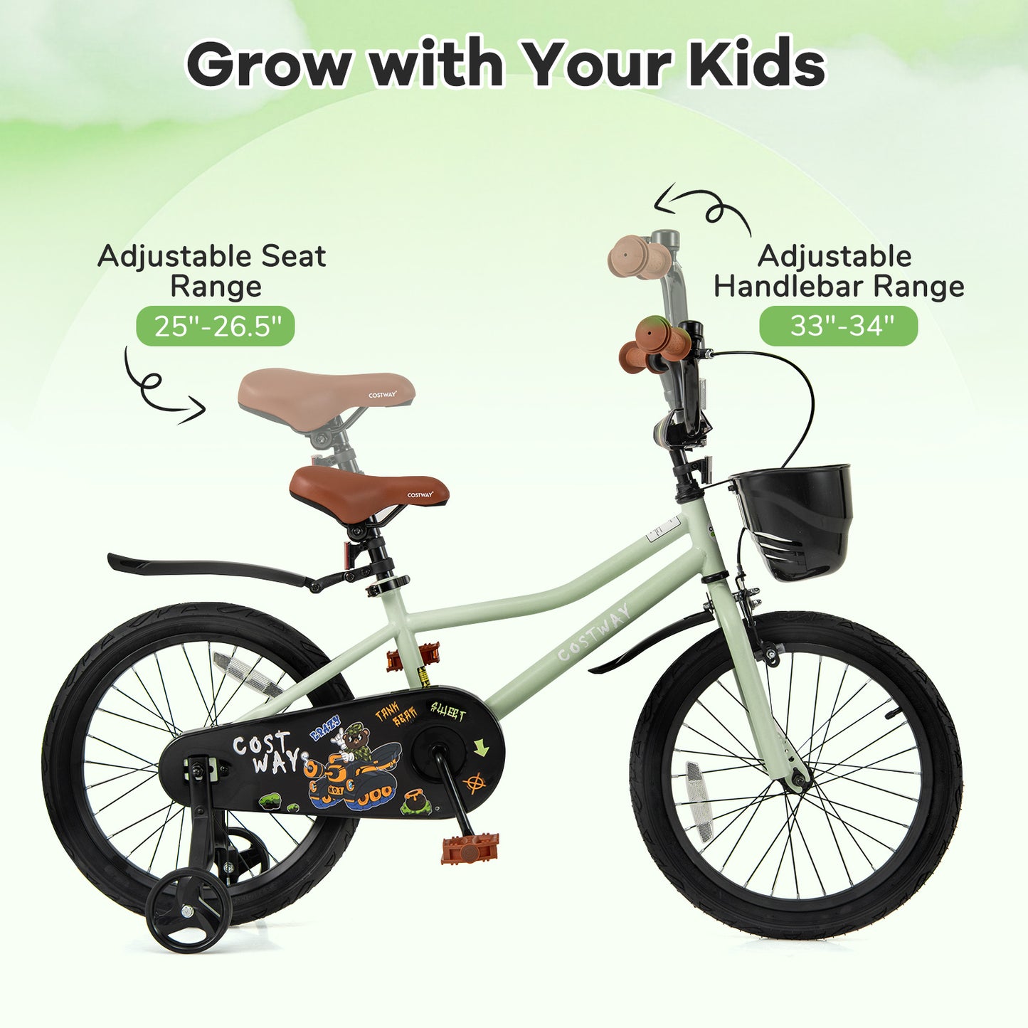 18-Inch Kids Bike Adjustable with Training Wheels for 4-8 Years Old Kids Crystal
