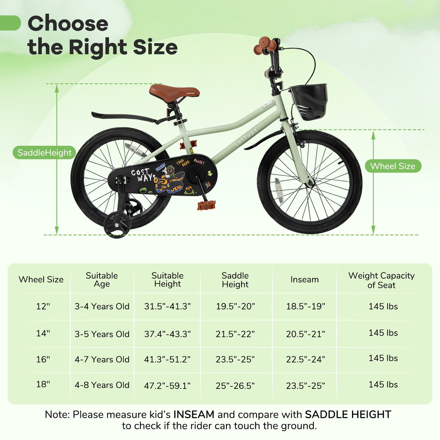 18-Inch Kids Bike Adjustable with Training Wheels for 4-8 Years Old Kids Crystal