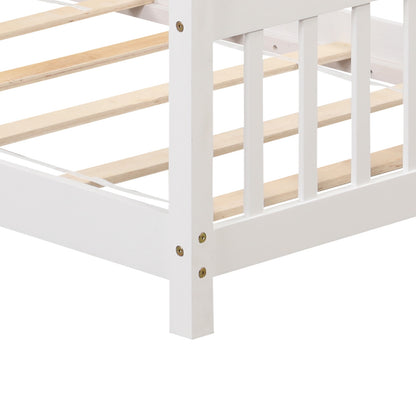 Twin Size Wooden House Bed with Roof-White