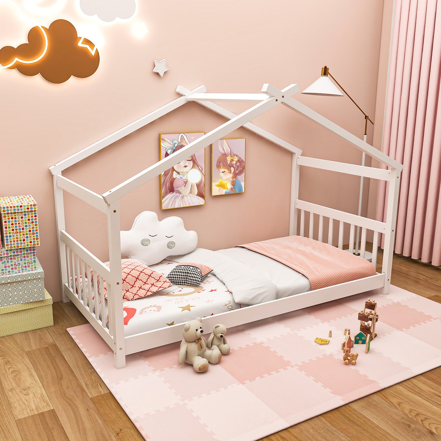 Twin Size Wooden House Bed with Roof-White Kids Crystal