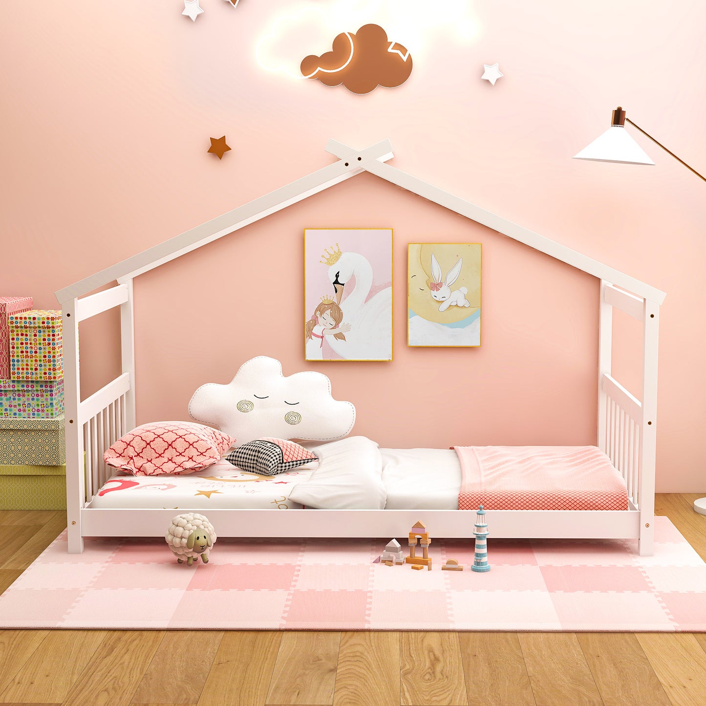 Twin Size Wooden House Bed with Roof-White Kids Crystal