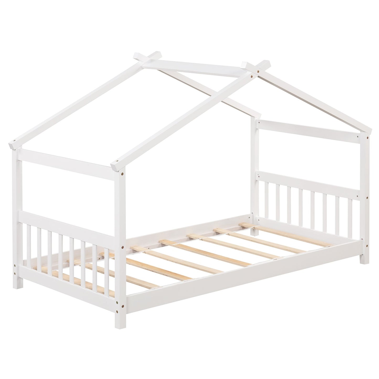 Twin Size Wooden House Bed with Roof-White Kids Crystal