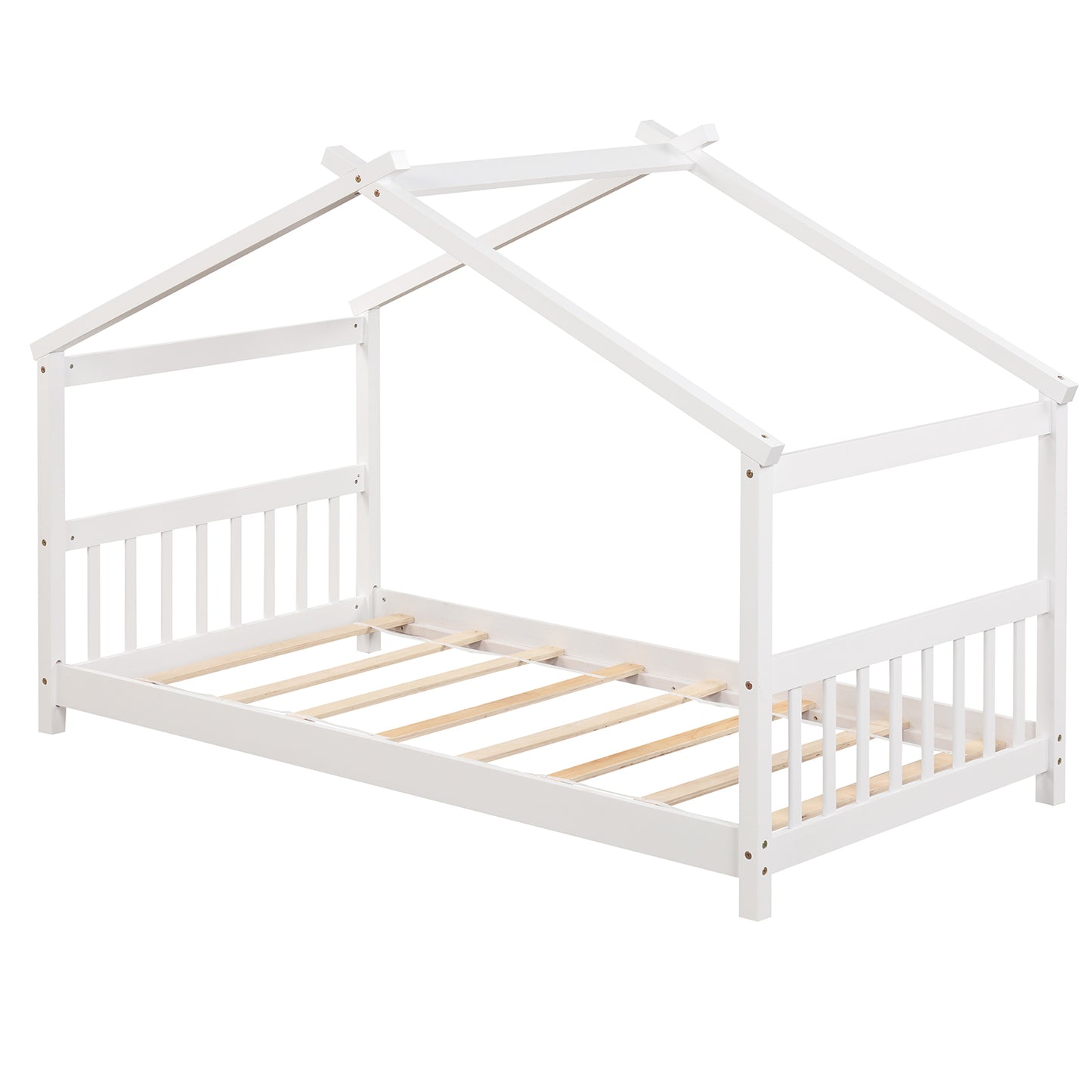 Twin Size Wooden House Bed with Roof-White Kids Crystal