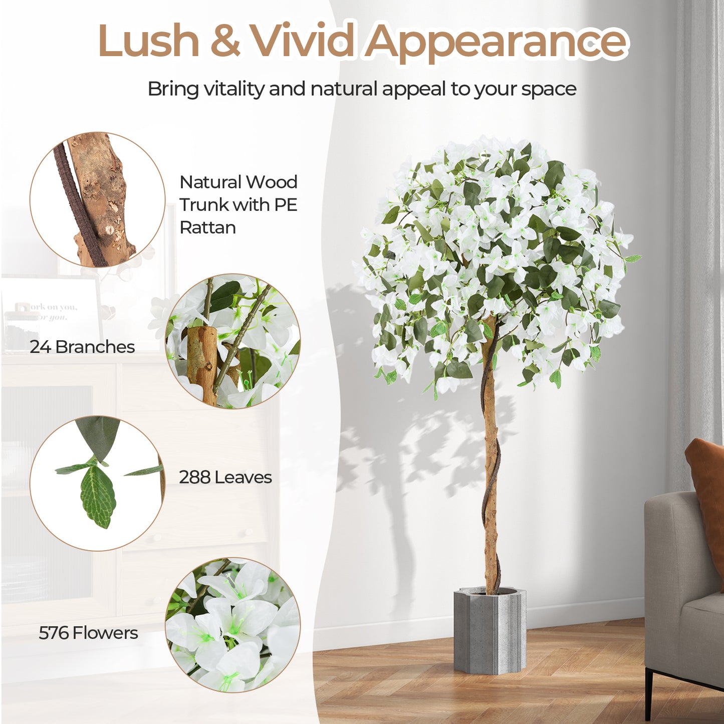 4.5 Feet Artificial Azalea Tree with Cement Pot-White Kids Crystal