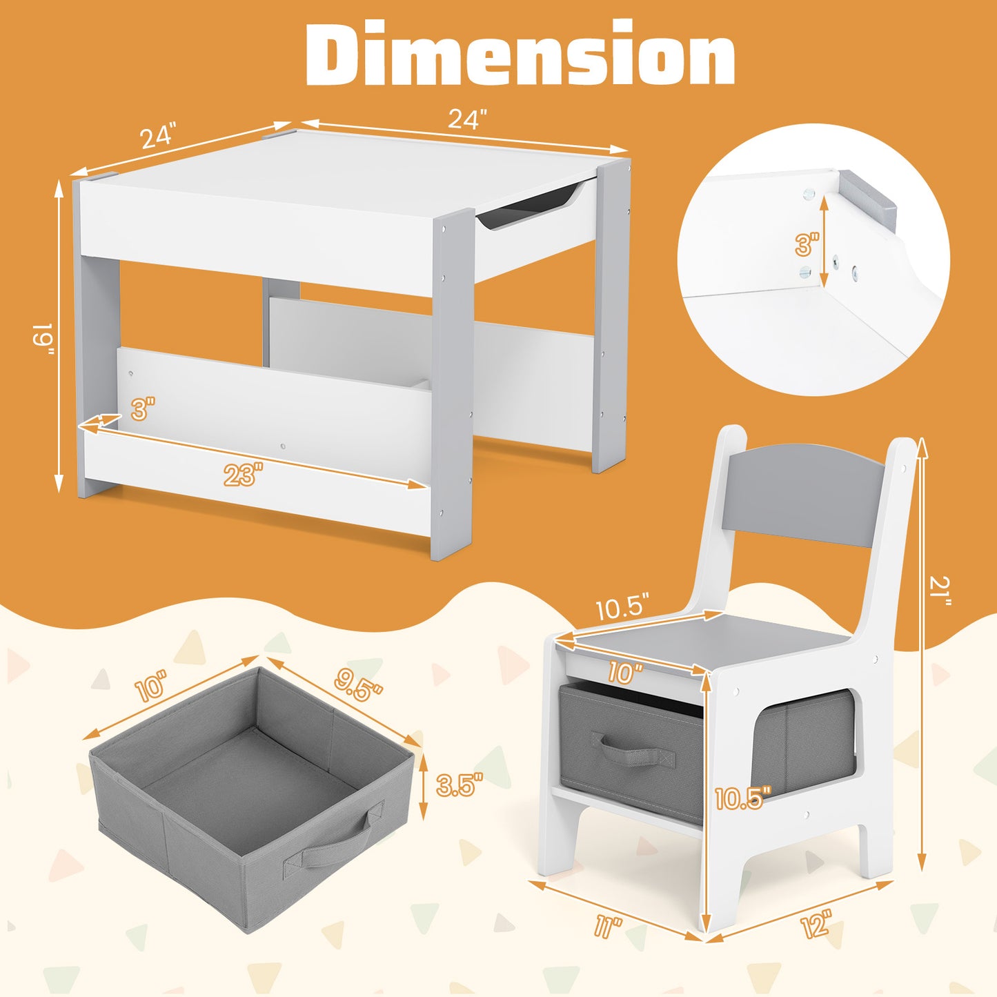 4 in 1 Kids Toddler Activity Table and Chairs Set with Reversible Tabletop-Grey