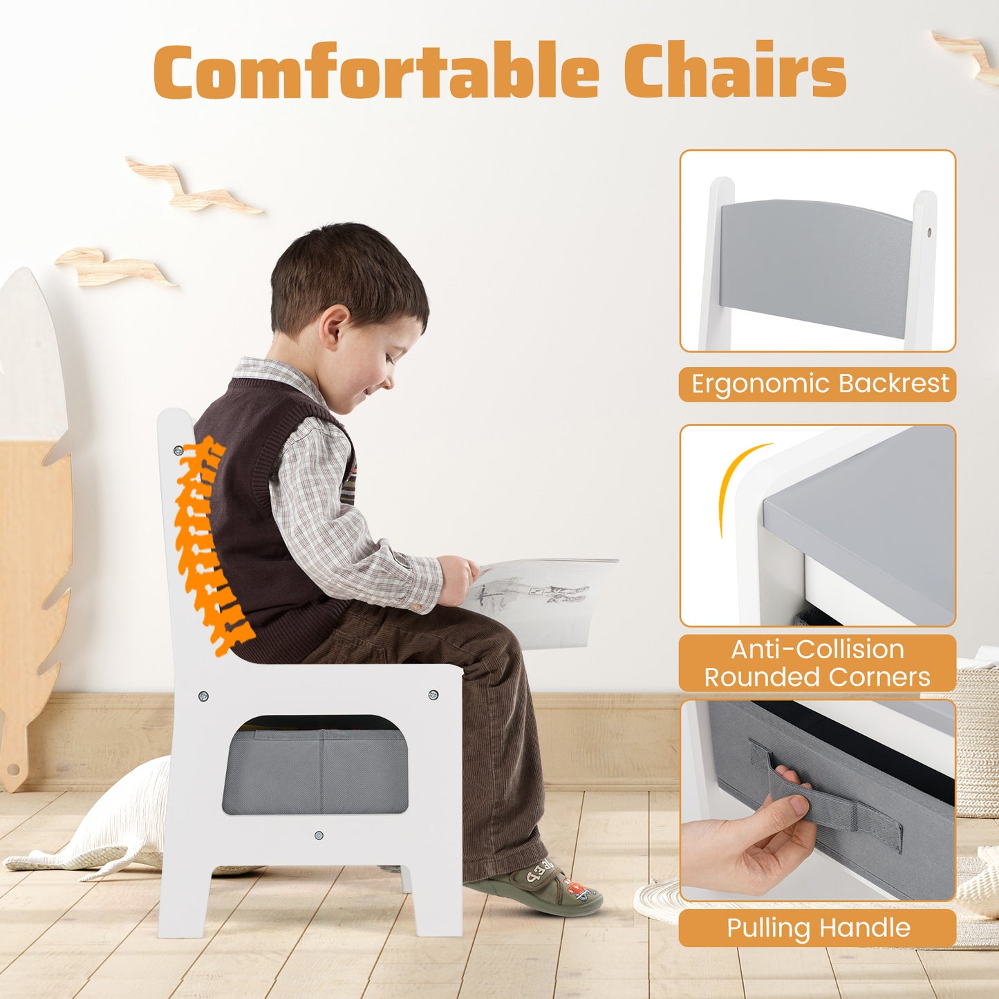 4 in 1 Kids Toddler Activity Table and Chairs Set with Reversible Tabletop-Grey