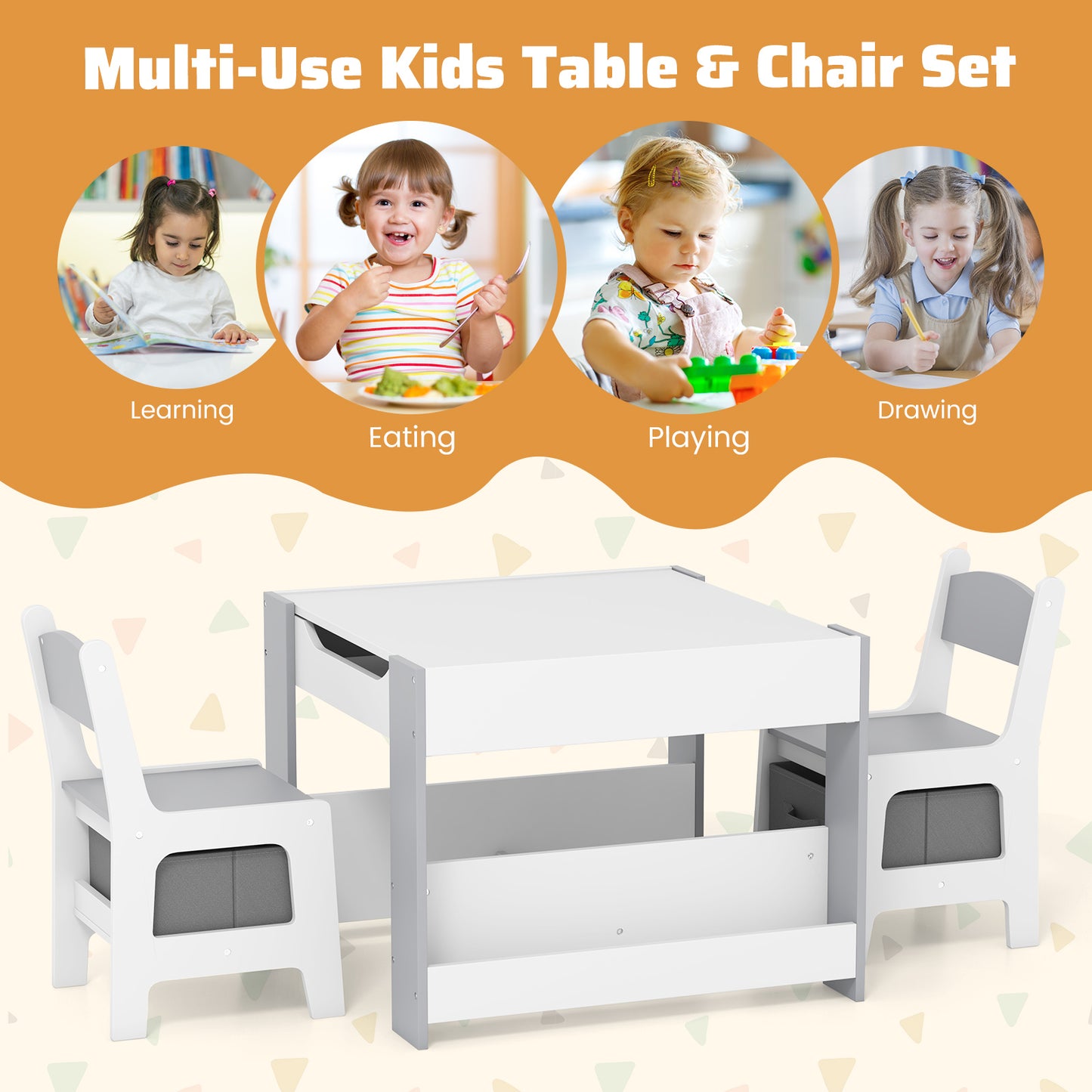 4 in 1 Kids Toddler Activity Table and Chairs Set with Reversible Tabletop-Grey