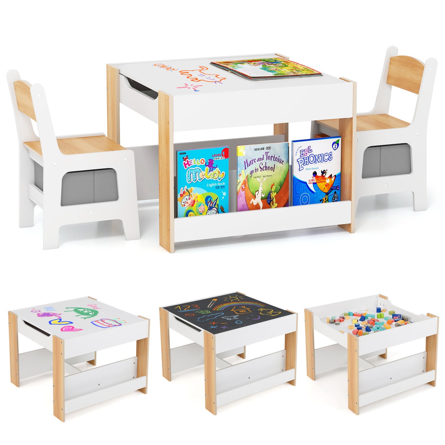 4 in 1 Kids Toddler Activity Table and Chairs Set with Reversible Tabletop-Natural