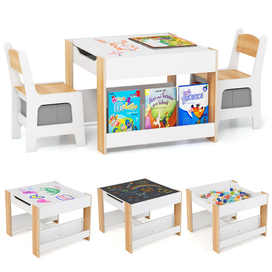 4 in 1 Kids Toddler Activity Table and Chairs Set with Reversible Tabletop-Natural