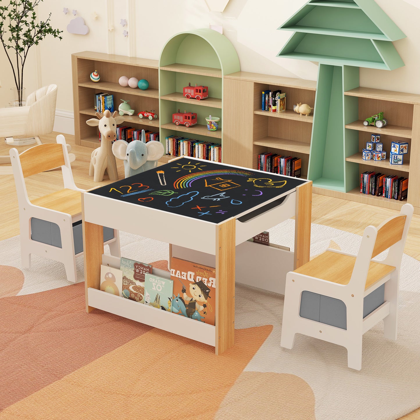 4 in 1 Kids Toddler Activity Table and Chairs Set with Reversible Tabletop-Natural
