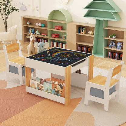 4 in 1 Kids Toddler Activity Table and Chairs Set with Reversible Tabletop-Natural