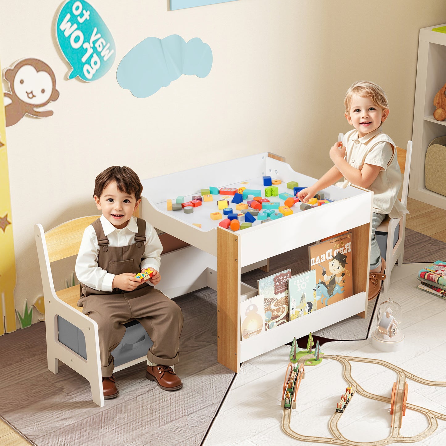 4 in 1 Kids Toddler Activity Table and Chairs Set with Reversible Tabletop-Natural