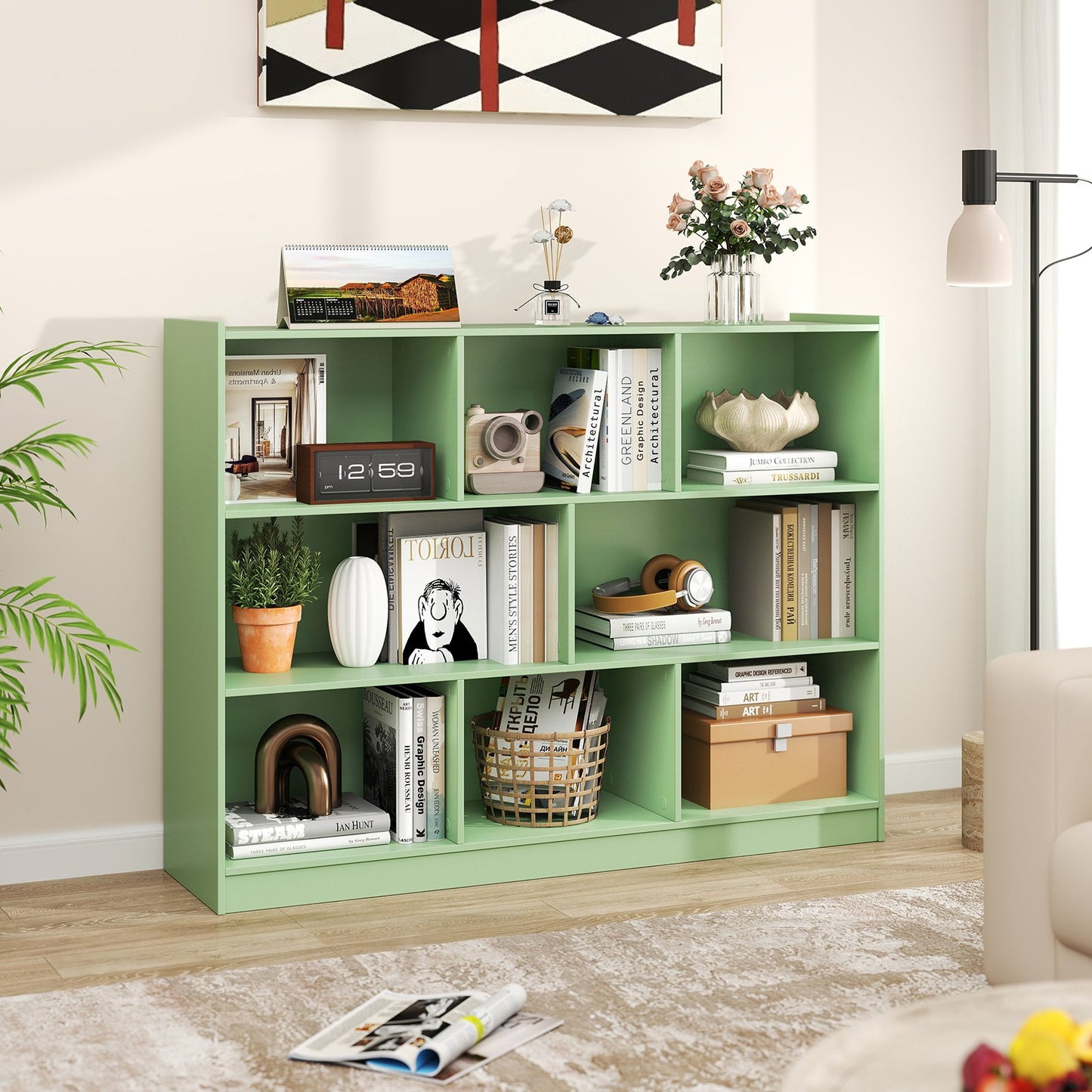 3-Tier Open Bookcase 8-Cube Floor Standing Storage Shelves-Green Kids Crystal
