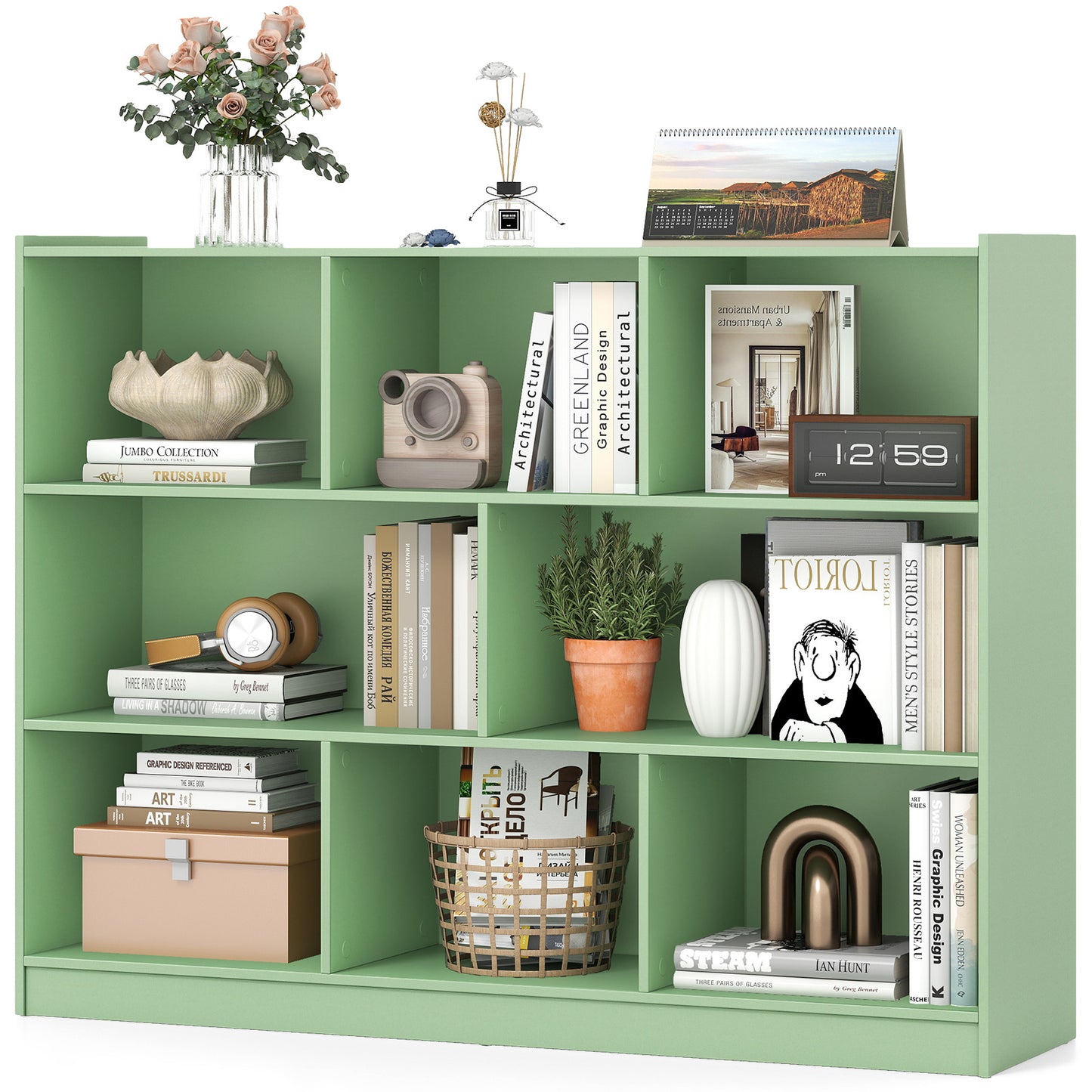 3-Tier Open Bookcase 8-Cube Floor Standing Storage Shelves-Green Kids Crystal