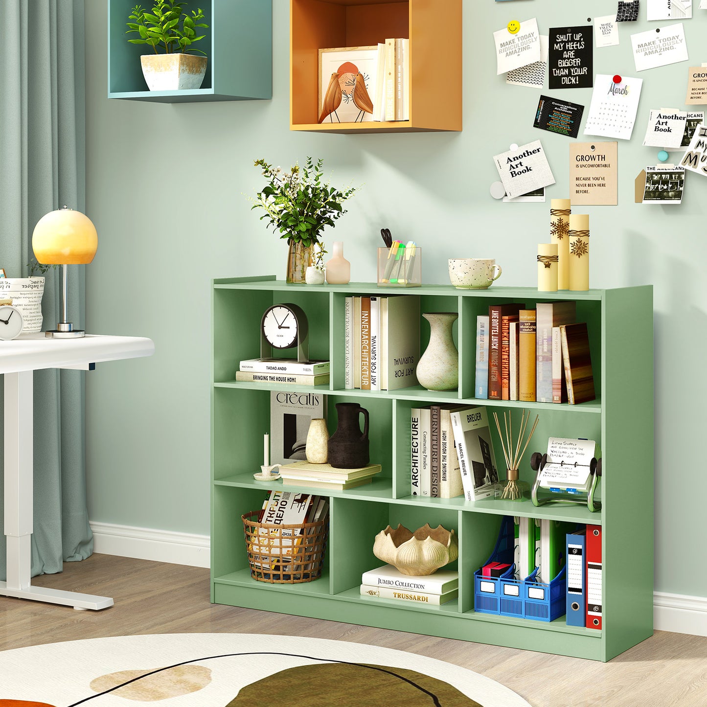 3-Tier Open Bookcase 8-Cube Floor Standing Storage Shelves-Green Kids Crystal