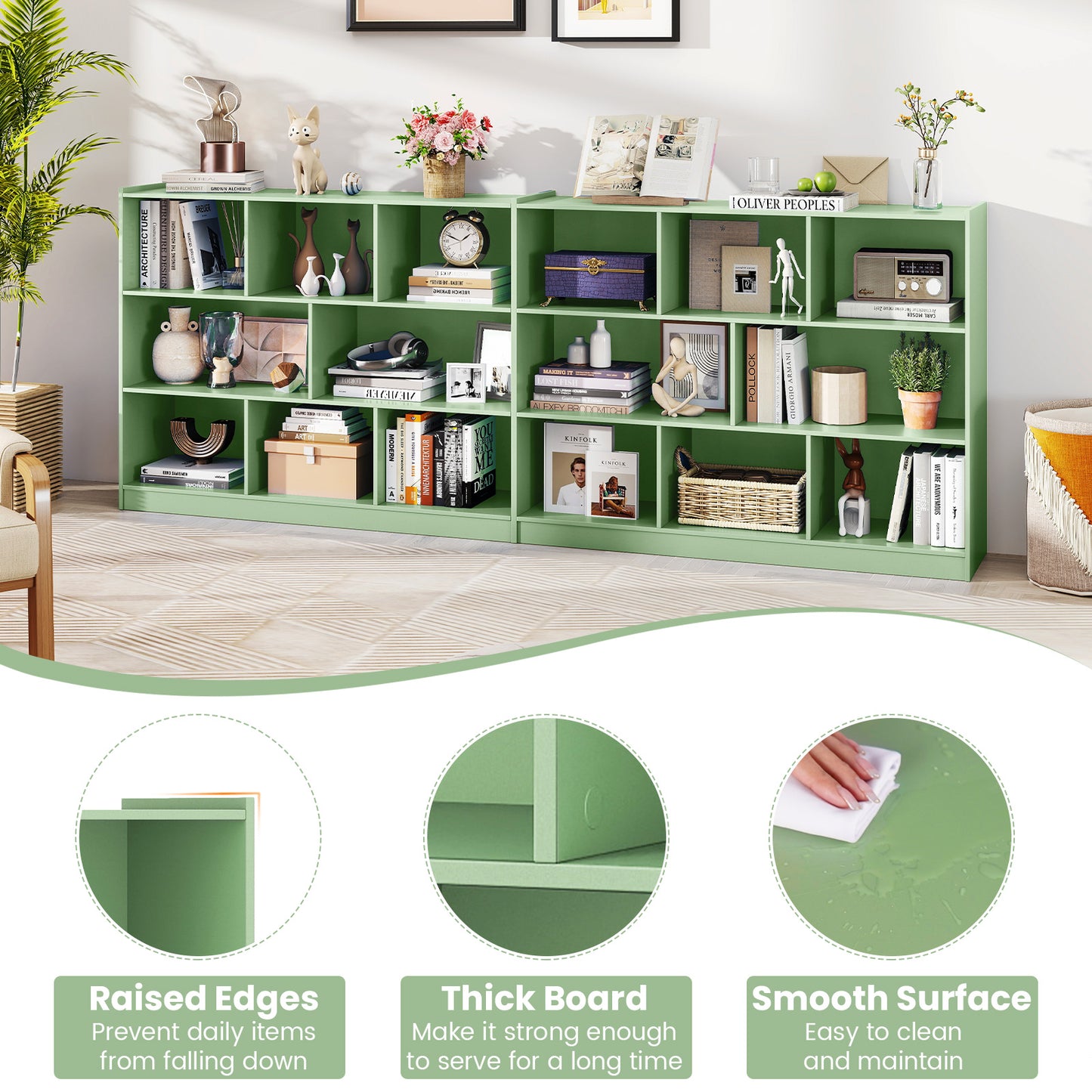 3-Tier Open Bookcase 8-Cube Floor Standing Storage Shelves-Green Kids Crystal