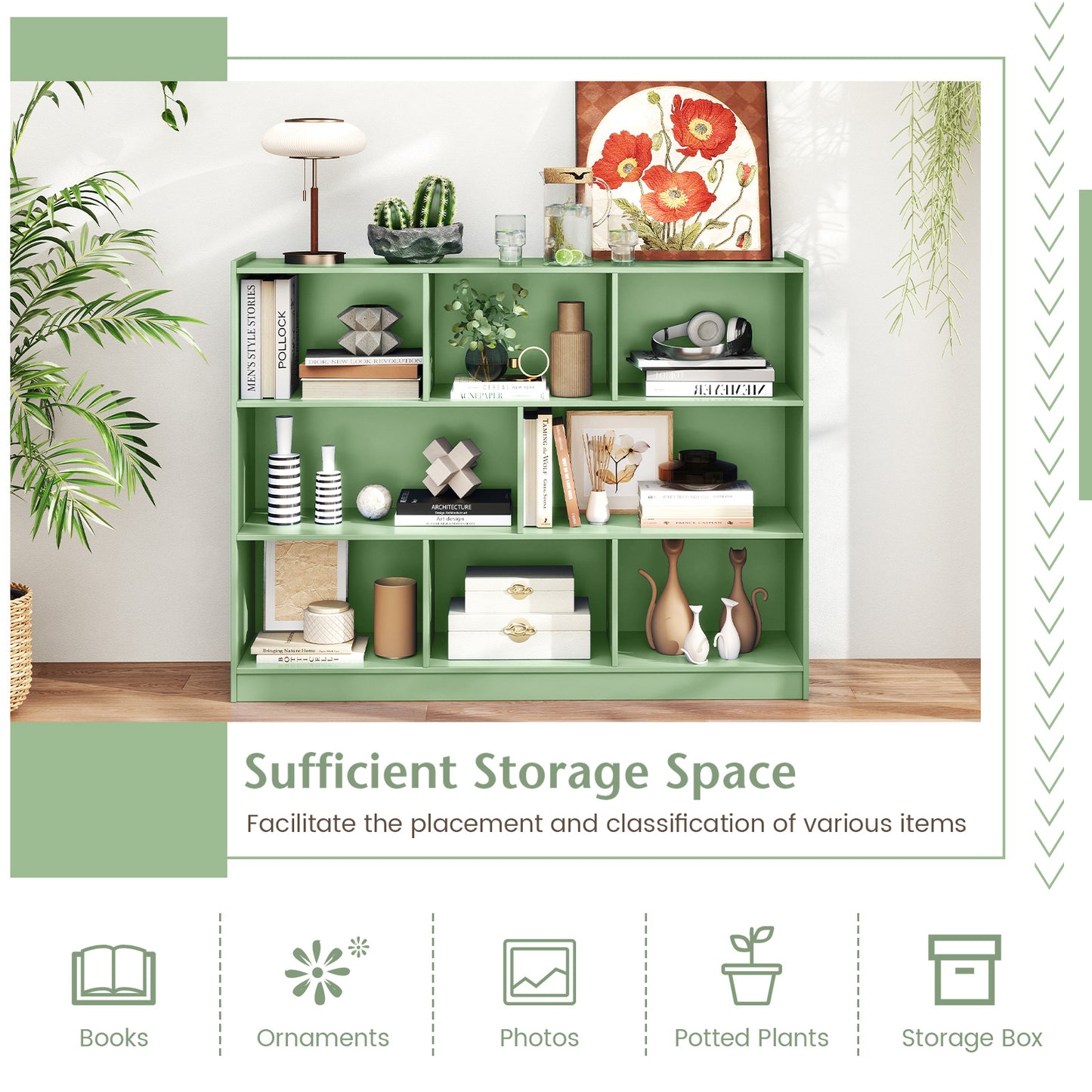 3-Tier Open Bookcase 8-Cube Floor Standing Storage Shelves-Green Kids Crystal