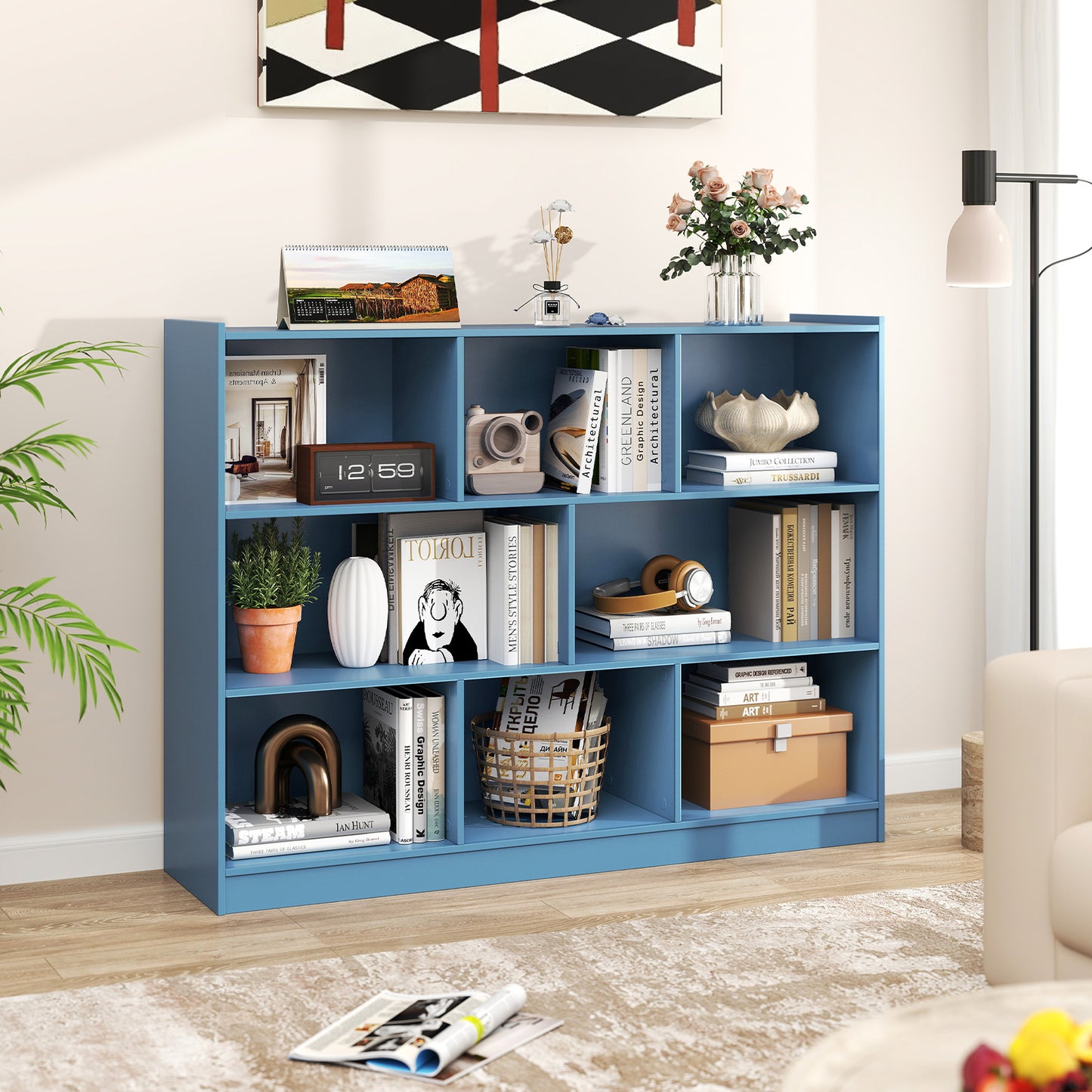 3-Tier Open Bookcase 8-Cube Floor Standing Storage Shelves-Blue Kids Crystal