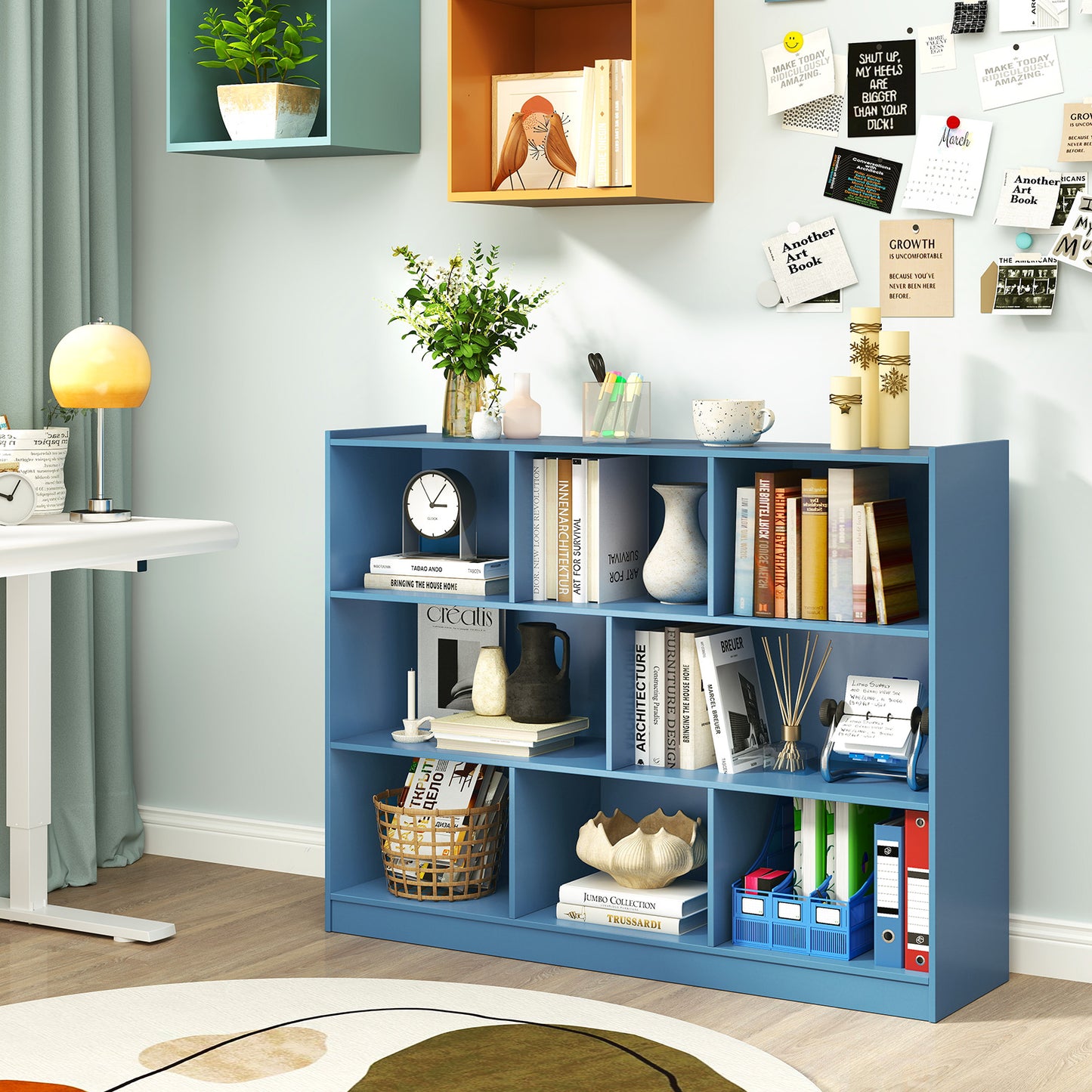 3-Tier Open Bookcase 8-Cube Floor Standing Storage Shelves-Blue Kids Crystal