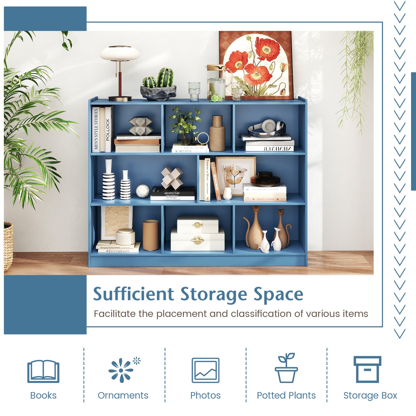 3-Tier Open Bookcase 8-Cube Floor Standing Storage Shelves-Blue Kids Crystal