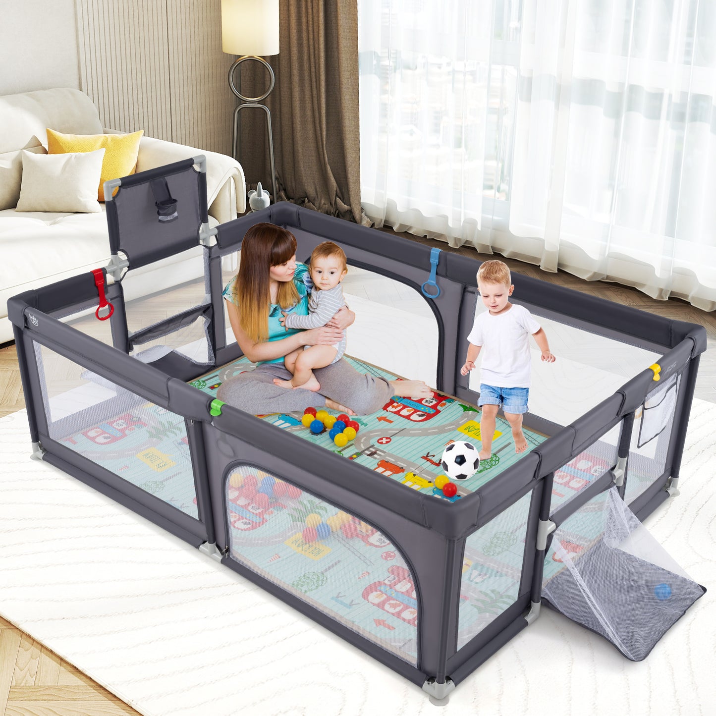 Large Baby Playpen with Mat and Ocean Balls-Dark gray Kids Crystal