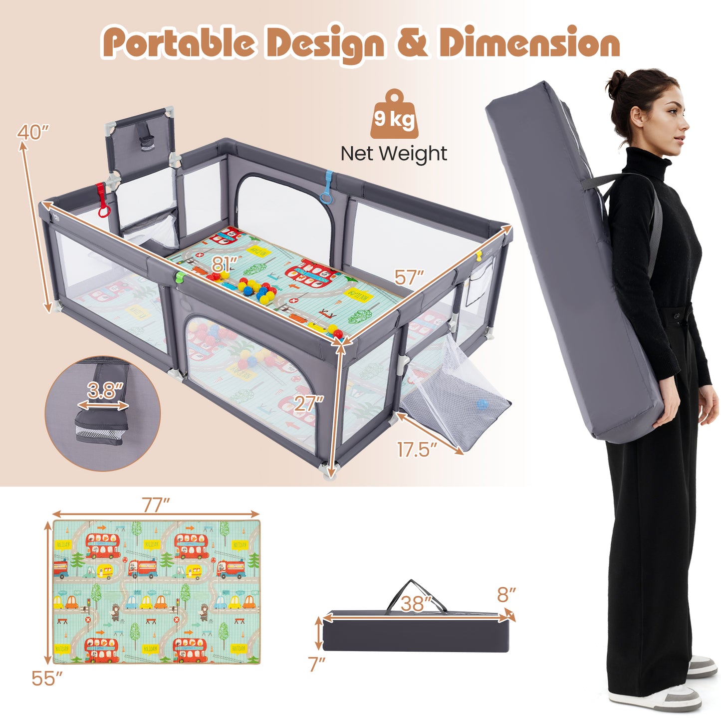 Large Baby Playpen with Mat and Ocean Balls-Dark gray Kids Crystal