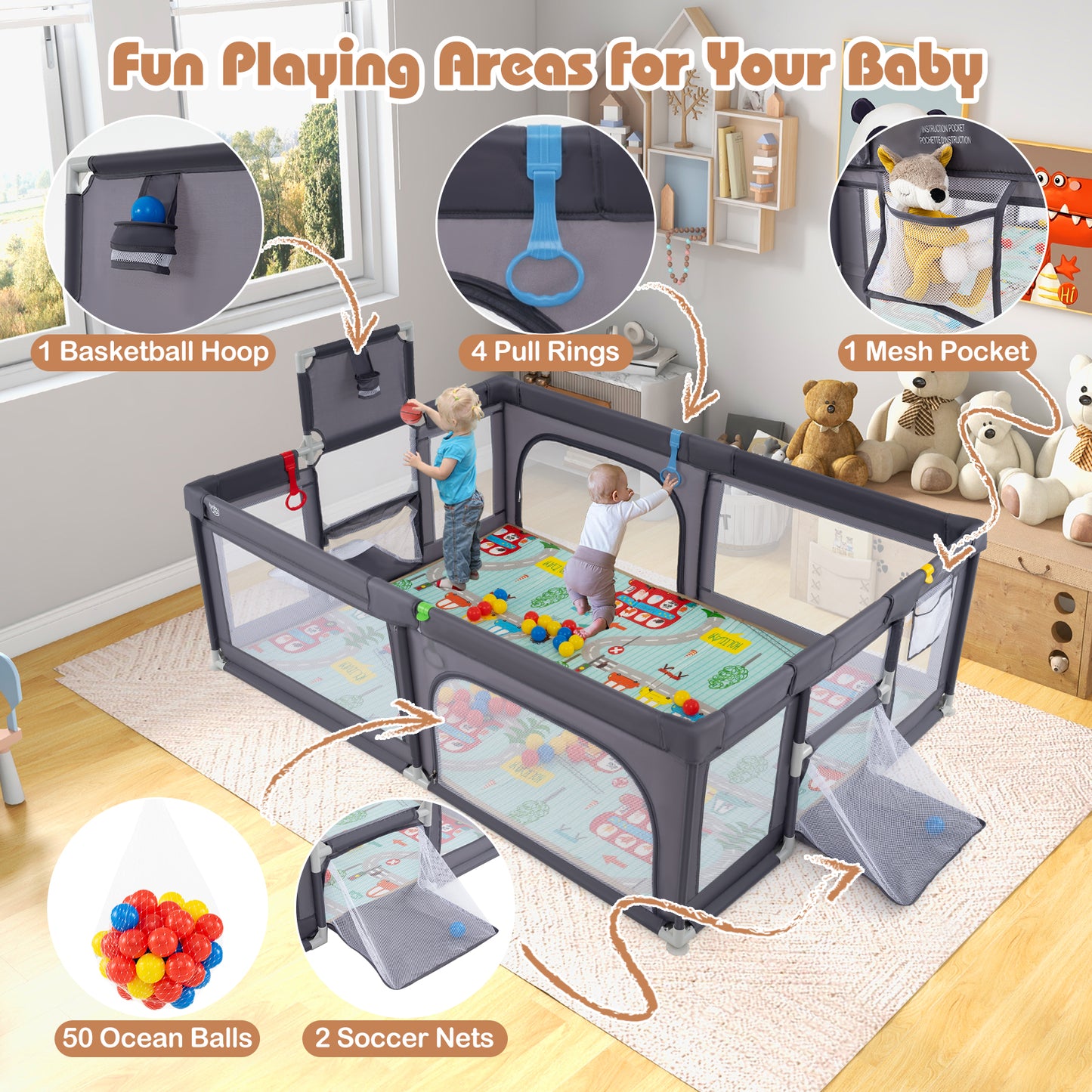 Large Baby Playpen with Mat and Ocean Balls-Dark gray Kids Crystal