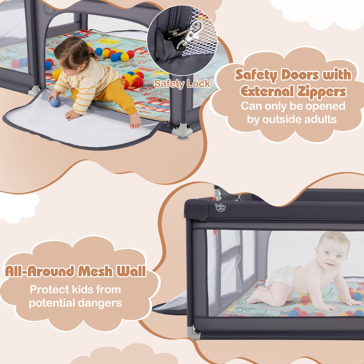 Large Baby Playpen with Mat and Ocean Balls-Dark gray Kids Crystal