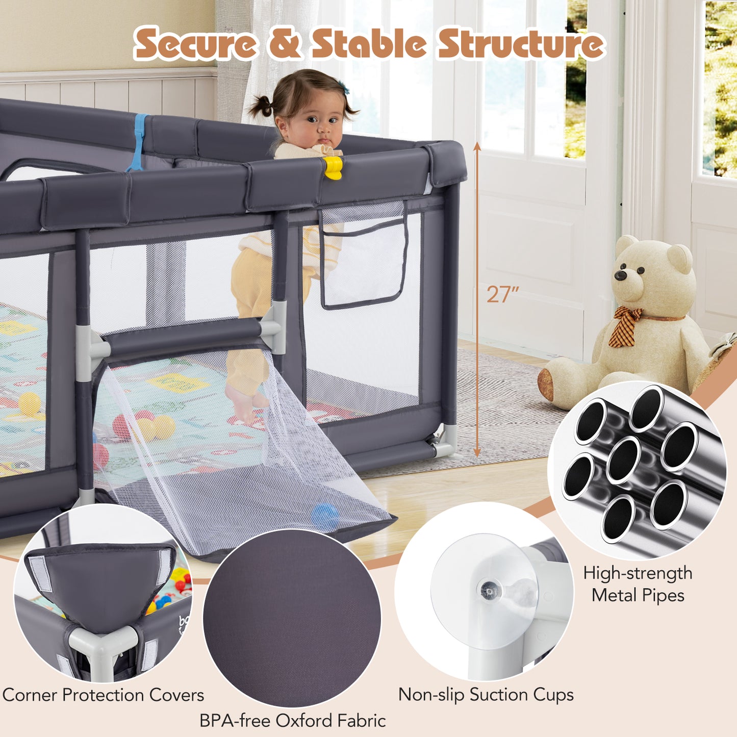 Large Baby Playpen with Mat and Ocean Balls-Dark gray Kids Crystal