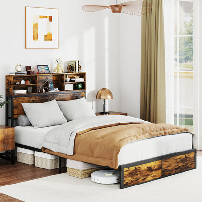 Twin/Full/Queen/King Size Bed Frame with Storage Headboard Industrial Metal Platform Bed-Full Size