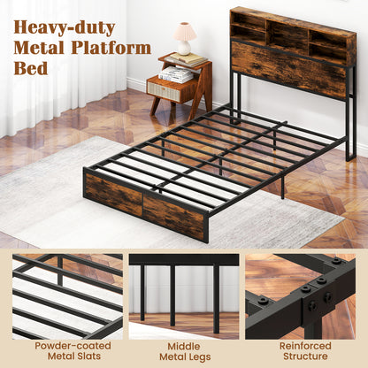 Twin/Full/Queen/King Size Bed Frame with Storage Headboard Industrial Metal Platform Bed-Full Size