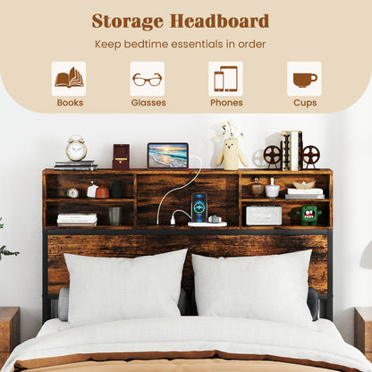 Twin/Full/Queen/King Size Bed Frame with Storage Headboard Industrial Metal Platform Bed-Full Size