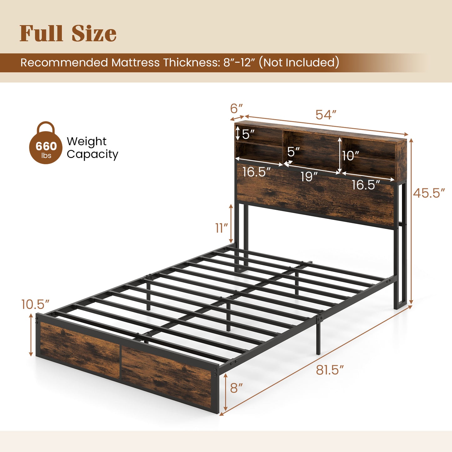 Twin/Full/Queen/King Size Bed Frame with Storage Headboard Industrial Metal Platform Bed-Full Size Kids Crystal