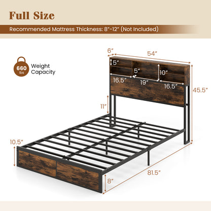 Twin/Full/Queen/King Size Bed Frame with Storage Headboard Industrial Metal Platform Bed-Full Size
