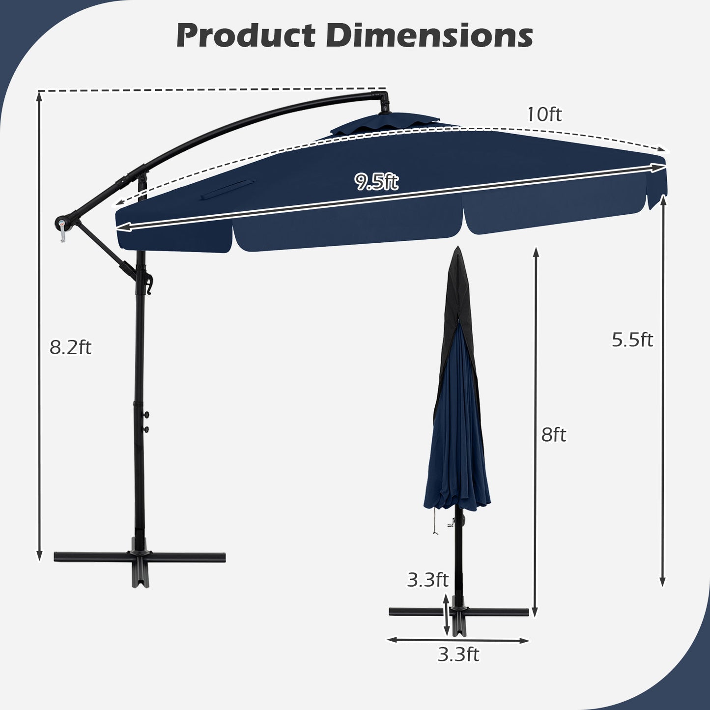 10 Feet Patio Cantilever Umbrella with Cover Tilt Adjustment and Ruffled Edge-Navy Kids Crystal
