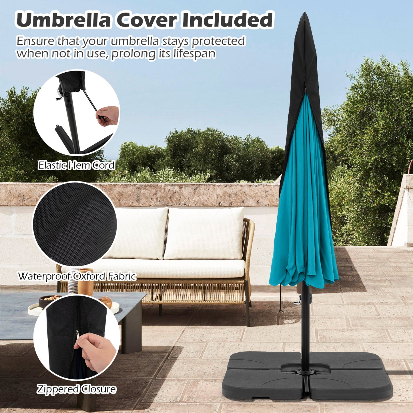 10 Feet Patio Cantilever Umbrella with Cover Tilt Adjustment and Ruffled Edge-Turquoise Kids Crystal
