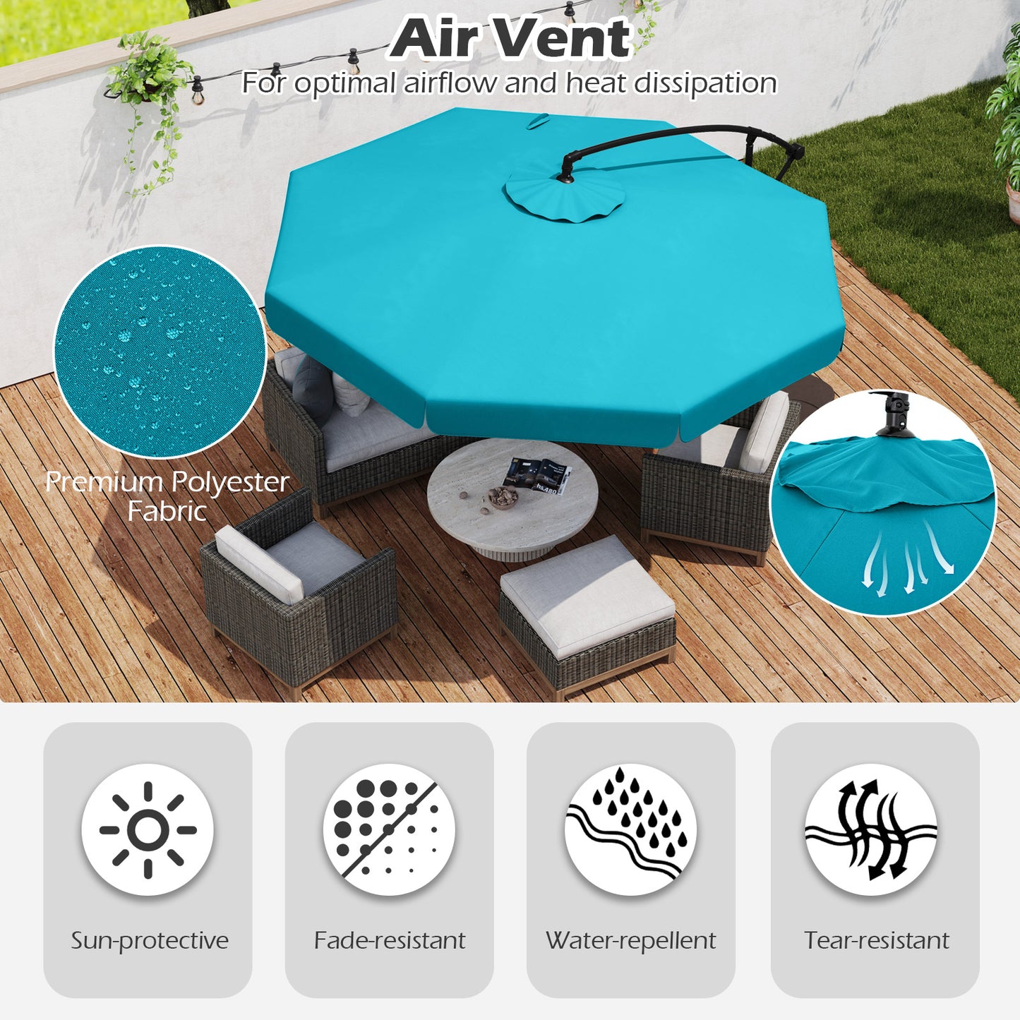 10 Feet Patio Cantilever Umbrella with Cover Tilt Adjustment and Ruffled Edge-Turquoise Kids Crystal
