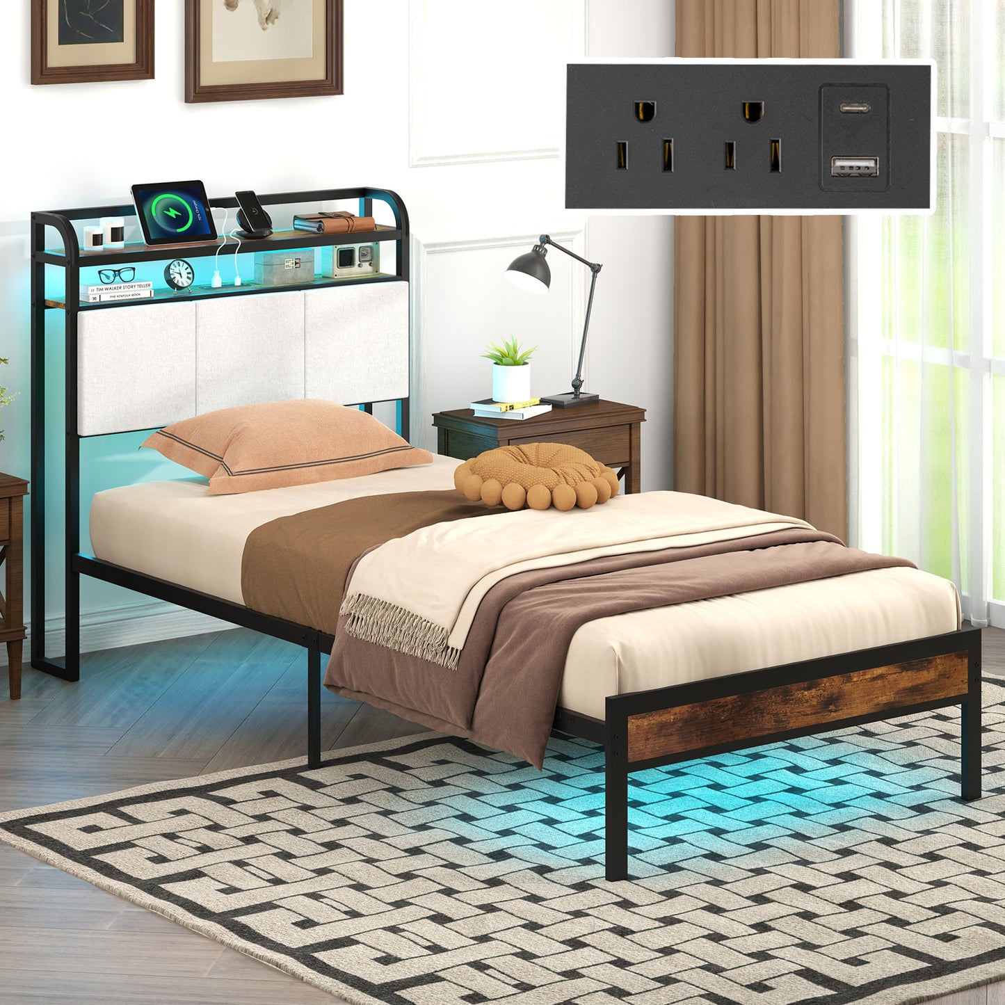 Twin/Full/Queen/King Size Bed Frame with LED Light and Charging Station-Twin Size Kids Crystal