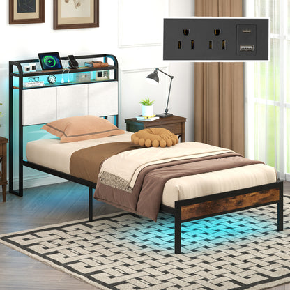 Twin/Full/Queen/King Size Bed Frame with LED Light and Charging Station-Twin Size