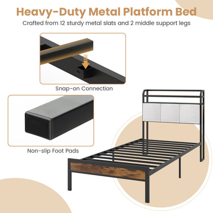 Twin/Full/Queen/King Size Bed Frame with LED Light and Charging Station-Twin Size