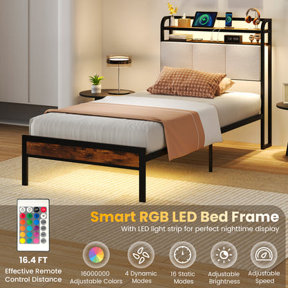 Twin/Full/Queen/King Size Bed Frame with LED Light and Charging Station-Twin Size